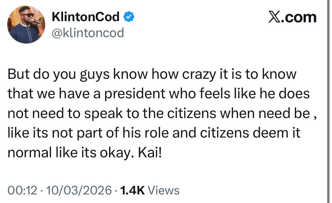 KlintonCod's posts on social media addressing the issues faced by Nigerians.
