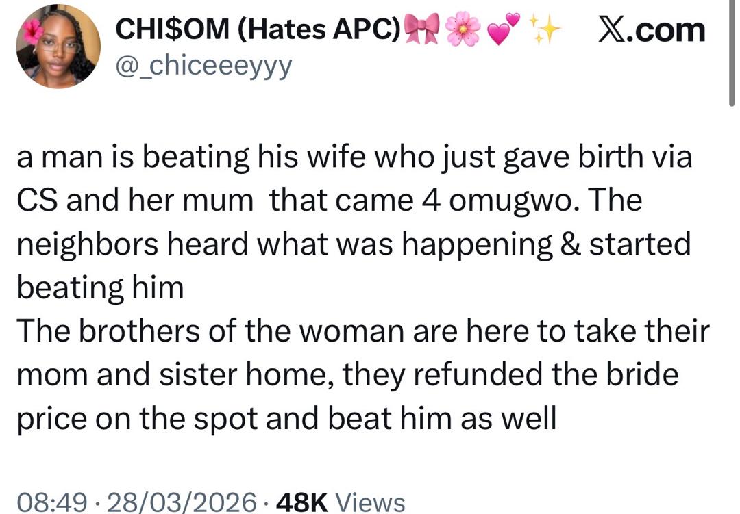 Brothers confronting their sister's husband outside the home as they prepare to take her away.