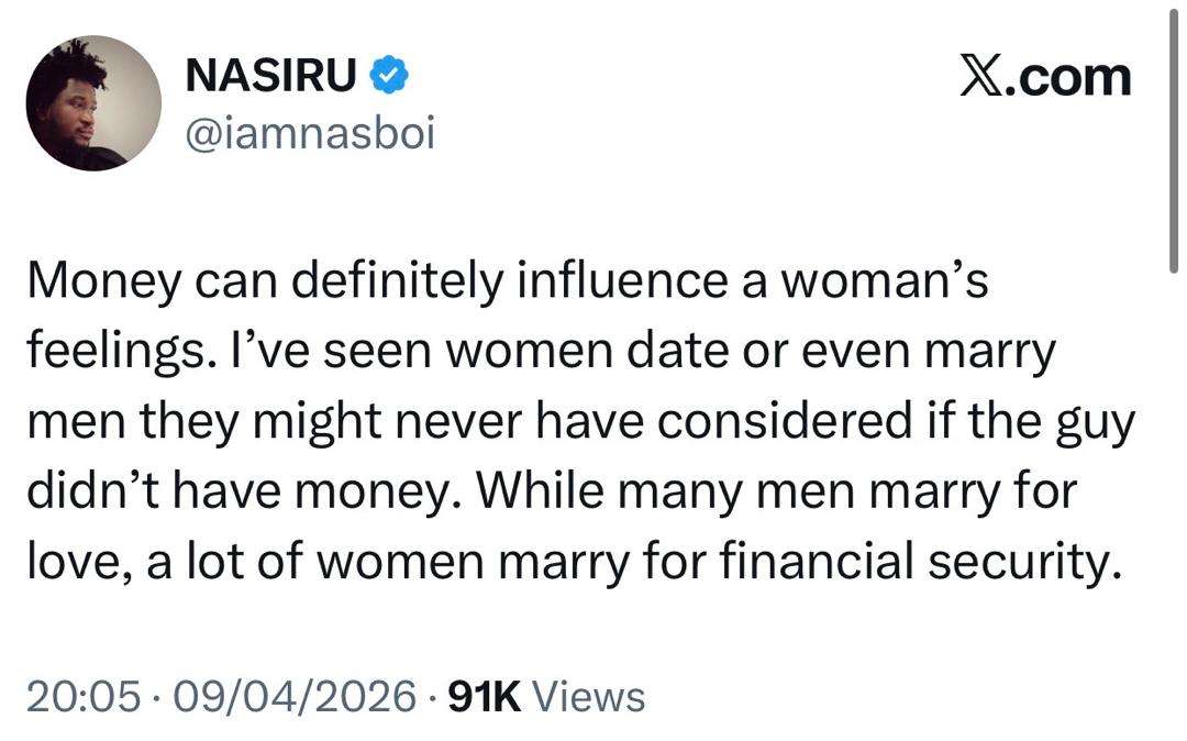 Screenshot of Nasboi's post on relationships and marriage motivations.