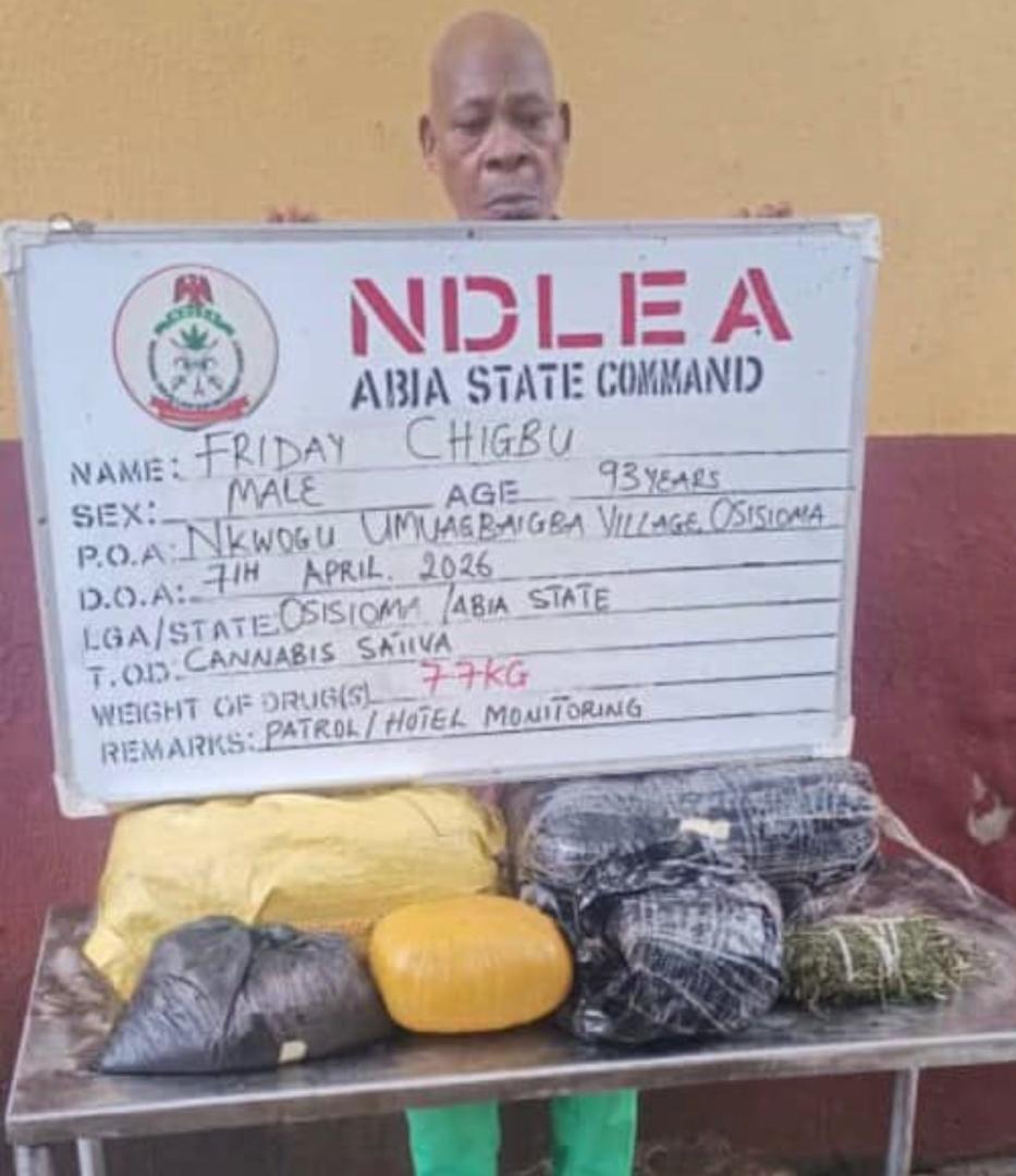 NDLEA officers arresting a suspect, with a large quantity of cannabis in the background.