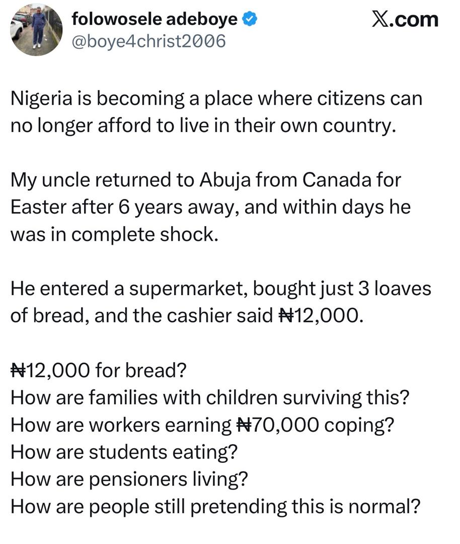 Screenshot of a social media post detailing the cost of bread.