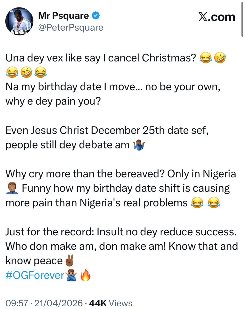 Peter Okoye in a social media post