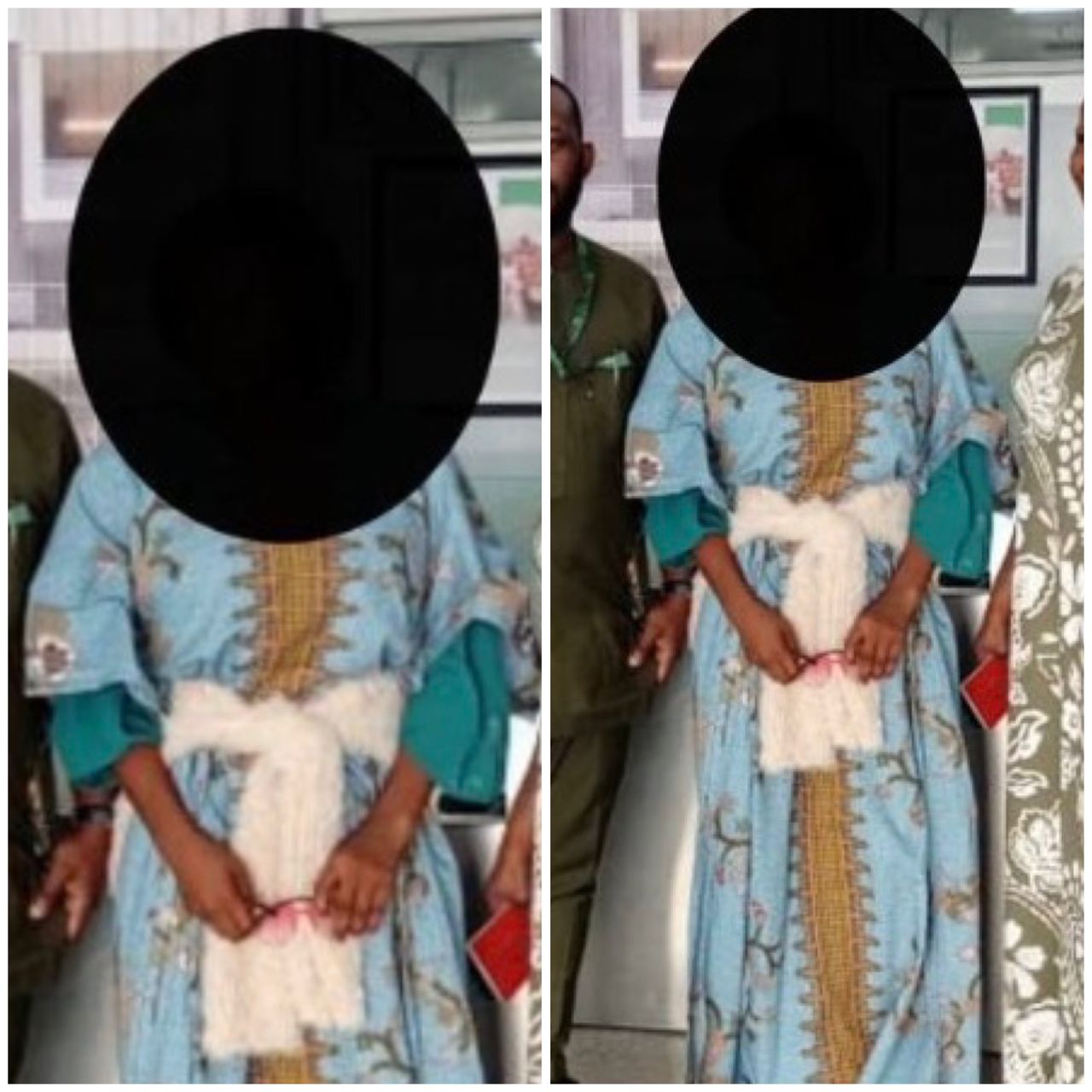 A young girl being handed over to NAPTIP officials at an airport.