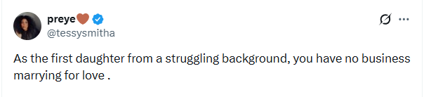 Nigerian lady Preye discusses the importance of financial stability for first daughters from struggling families
