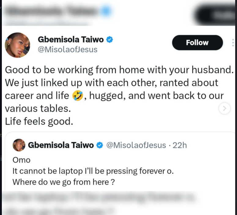 Woman sharing experience of working from home with husband