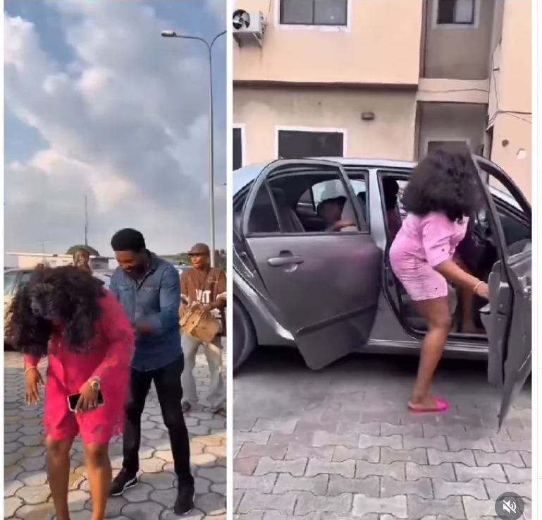 Woman joyfully welcoming her husband after six months apart for work.