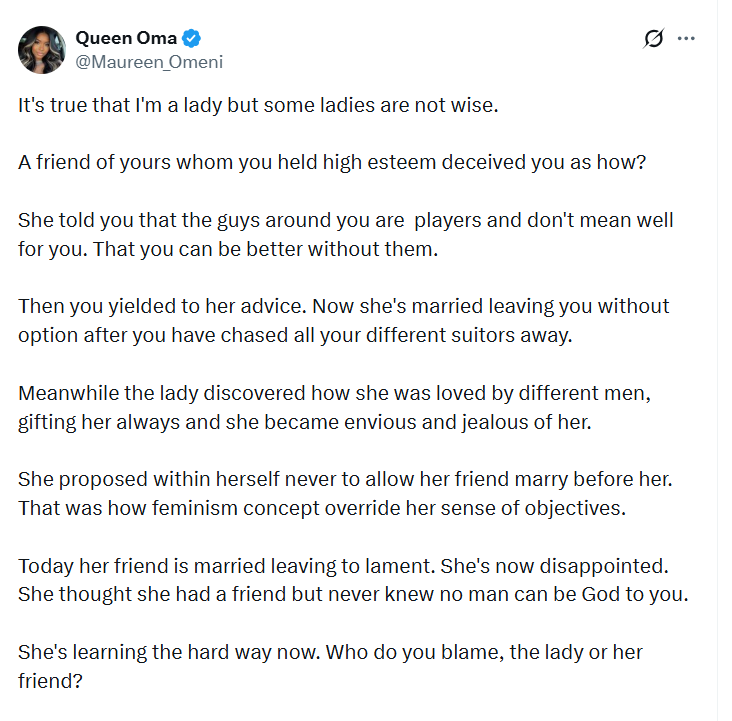 Image related to the story of a woman influenced by a friend's advice regarding suitors.