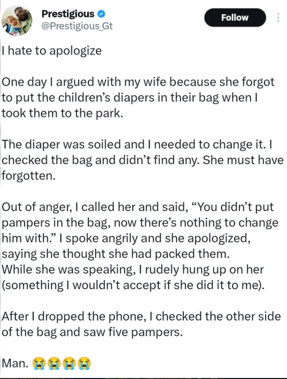 Screenshot of the social media post detailing the man's story about missing diapers.