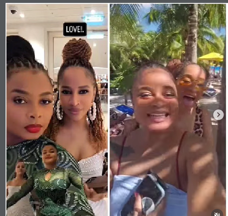 Bimbo Ademoye mid-air while parasailing with Adesua Etomi
