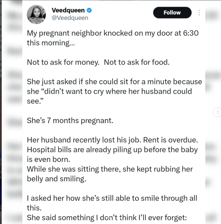 An image depicting the story shared about a pregnant neighbor.