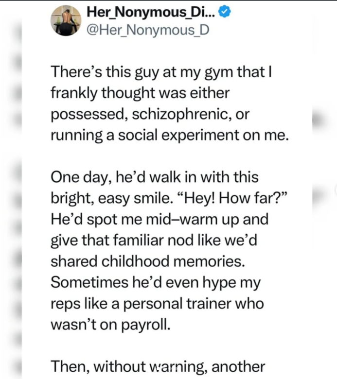 Woman sharing her funny gym experience about encountering an identical twin