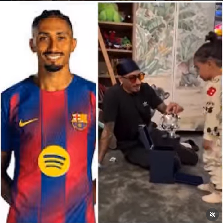 Raphinha celebrating his MVP award after scoring against Newcastle United