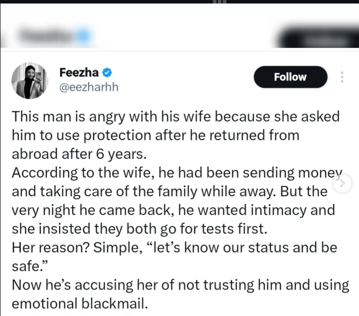 Screenshot of the X post detailing the husband's reaction.