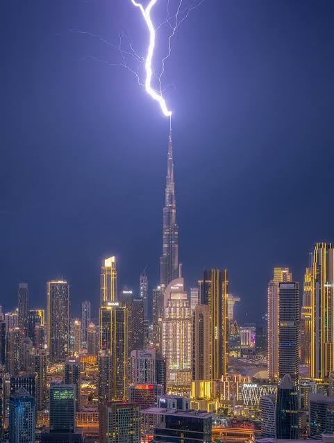 Lightning striking the Burj Khalifa during a storm in Dubai