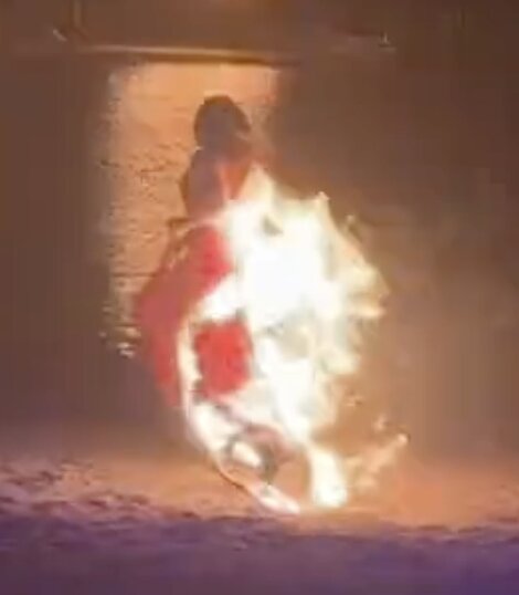 Dancer engulfed in flames during a performance at a Chinese zoo.